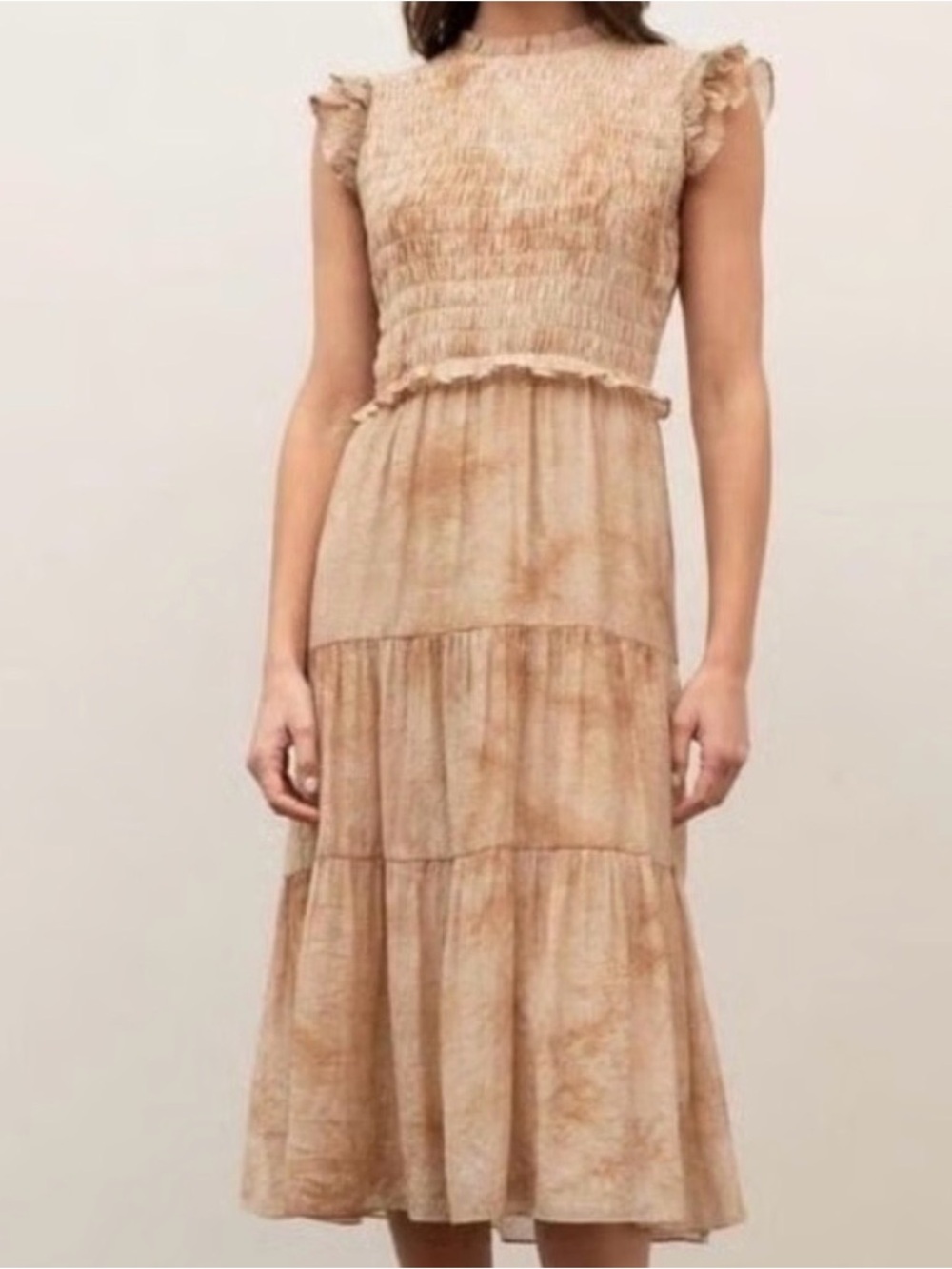 Moon River Smocked High Neck Tiered Midi Dress in Tan Size M Boho